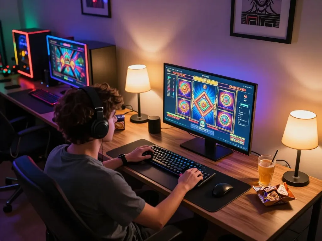 Engaging with a thrilling slot bet 50 game on a modern computer, showcasing responsible gaming.