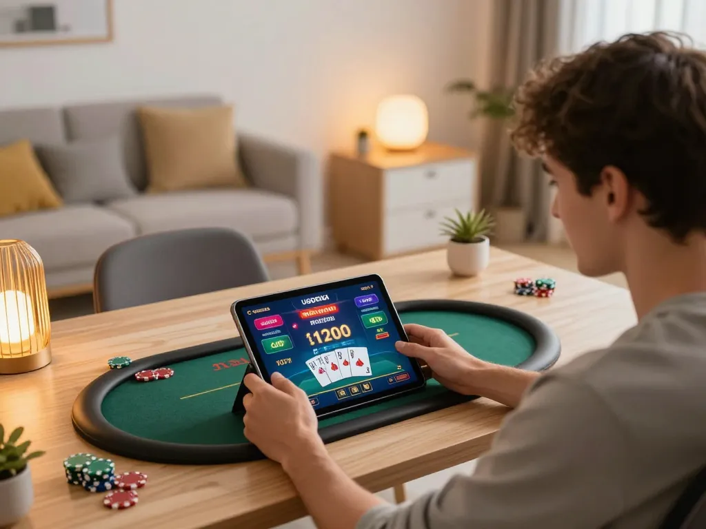 Engaging with UGDEWA casino app during online poker game in a cozy home setup.