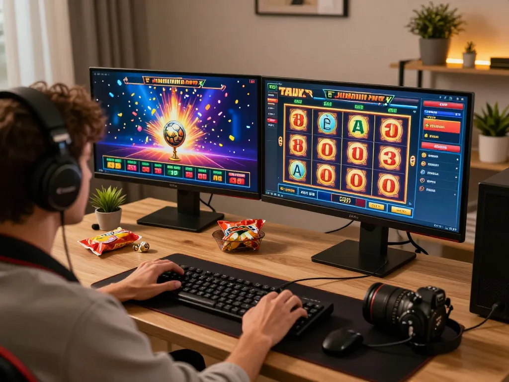 kerajaanslot player celebrating a win during an online gaming session, vibrant displays and cozy home setup