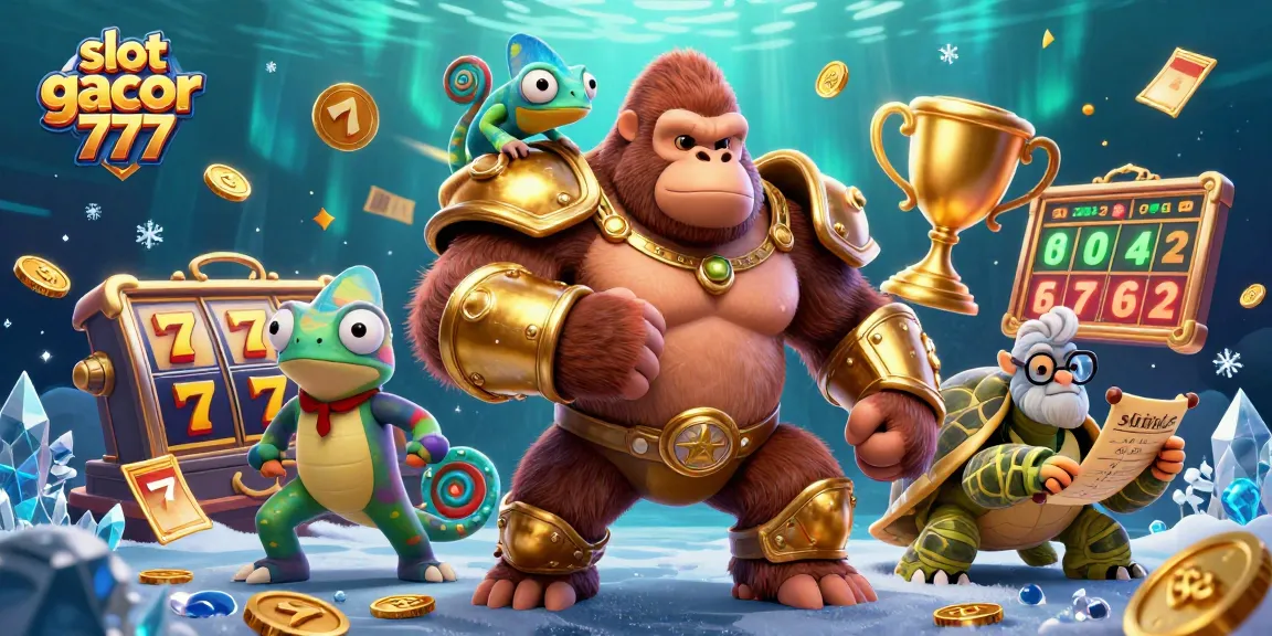 Jelajahi slot gacor 777 dengan ilustrasi 3D penuh warna dari karakter menarik dan elemen permainan judi.