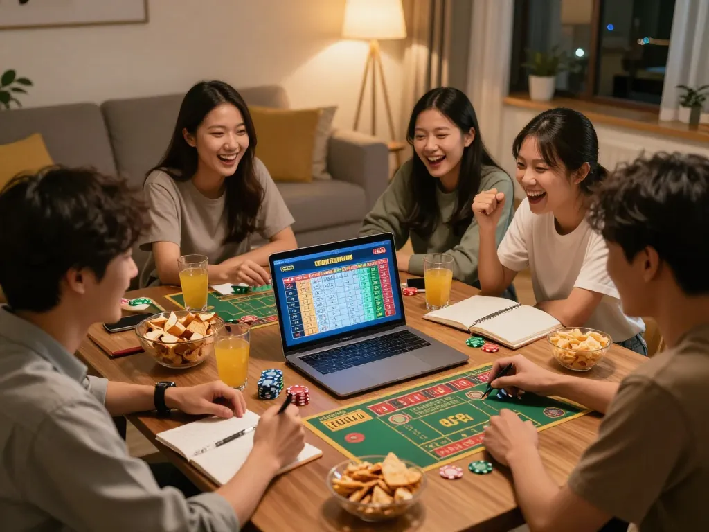 Friends enjoy Togel Hongkong game night, strategizing bets in a cozy home atmosphere.