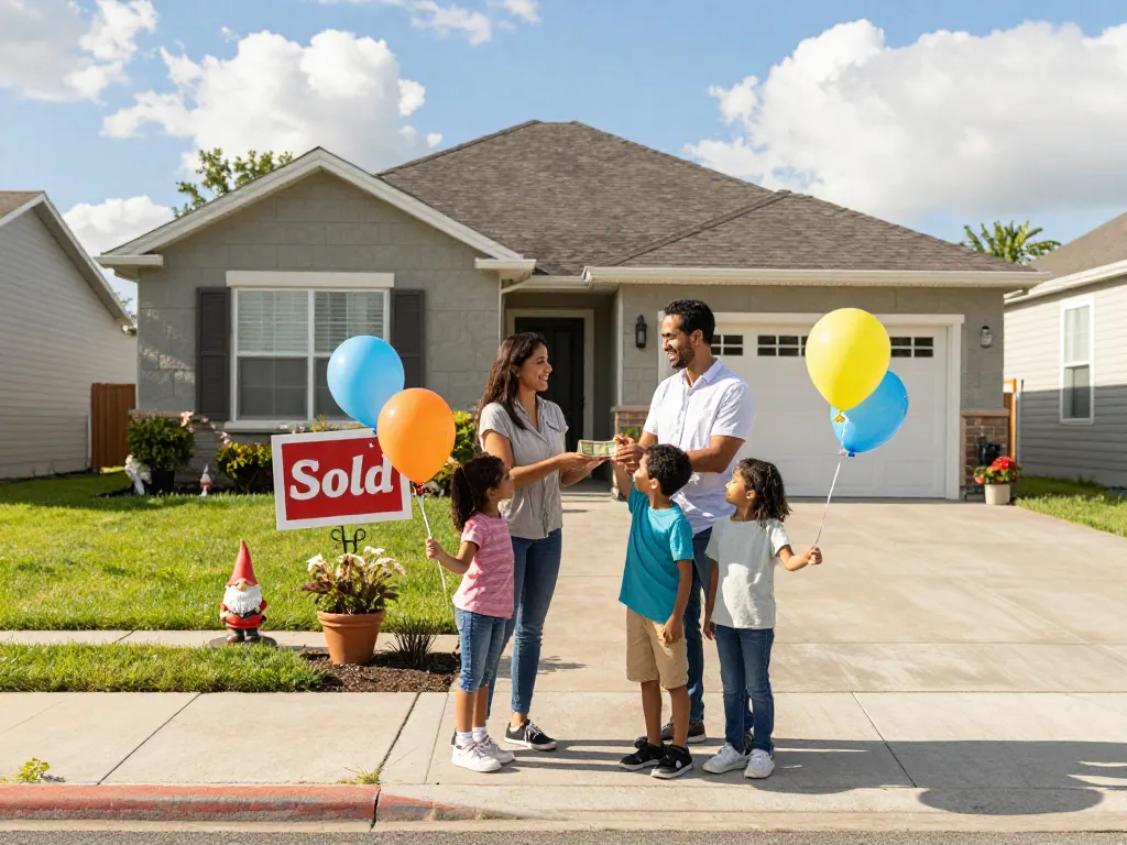 Family celebrating their home sale with cash in hand, showcasing we buy houses for cash.