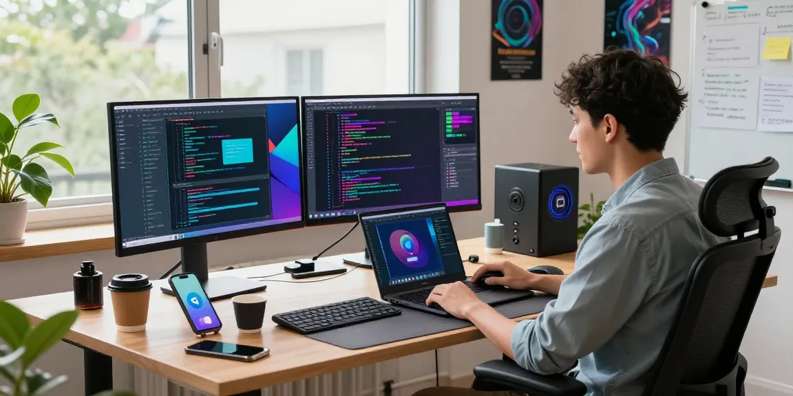Focused coder using telegram中文 on multiple screens in a vibrant workspace filled with high-tech gadgets.