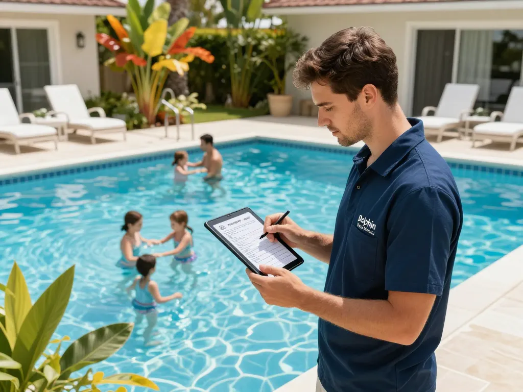 Dolphin Pool Services technician providing expert maintenance with a digital tablet beside a sparkling pool.