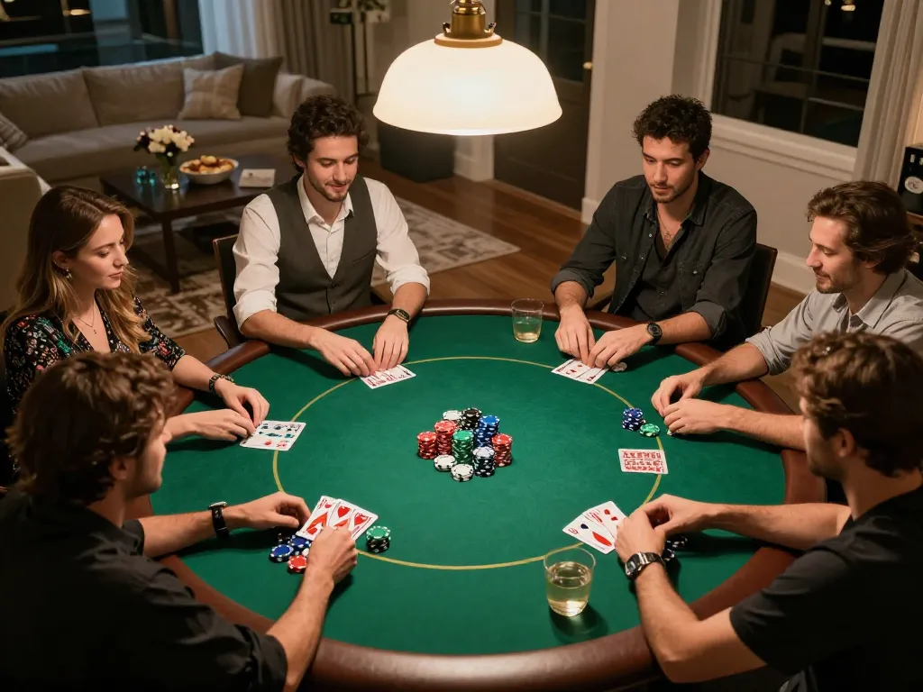 Tài xỉu online strategy session with friends at a lively home poker night, showcasing dynamic gameplay and social interaction.