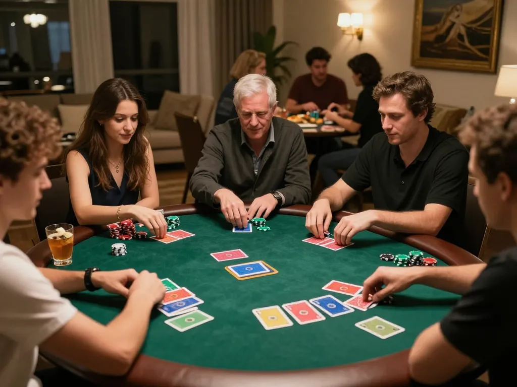 SUNWIN LINK makes poker exciting during a lively home game night, showcasing players with cards and chips.
