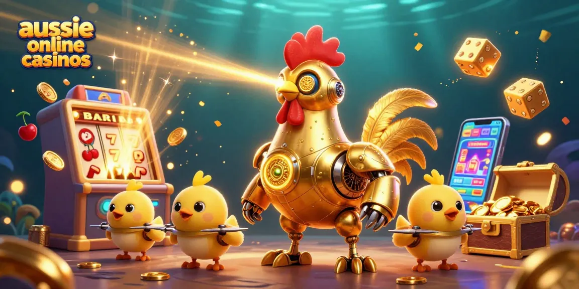 Engage with aussie online casinos through a vibrant 3D illustration featuring a golden rooster robot and gaming action.