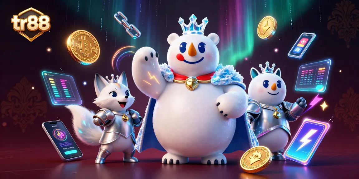 Play at TR88 casino with stunning 3D graphics featuring ice king and snow fox amidst crypto elements.