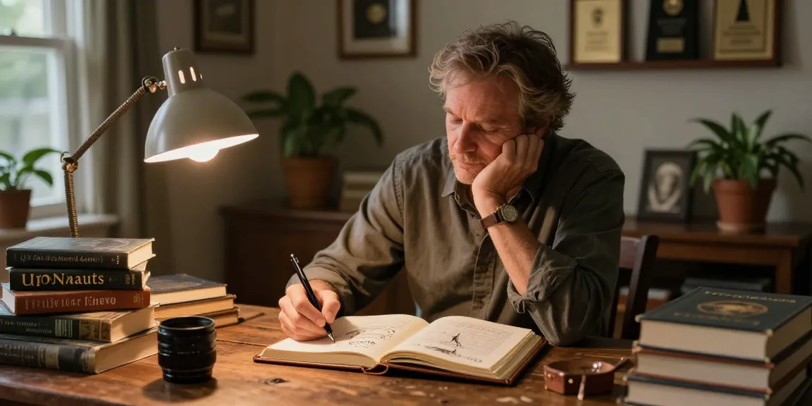 T Allen Greenfield at his desk with books including UFOnauts, showcasing his creative process on https://tallengreenfield.com.