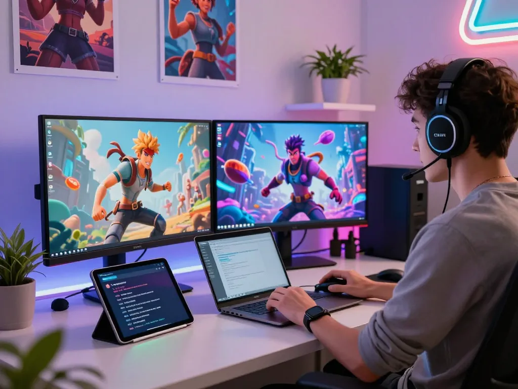 Engaging scene of a user interacting with nsfw ai on dual screens in a vibrant workspace.