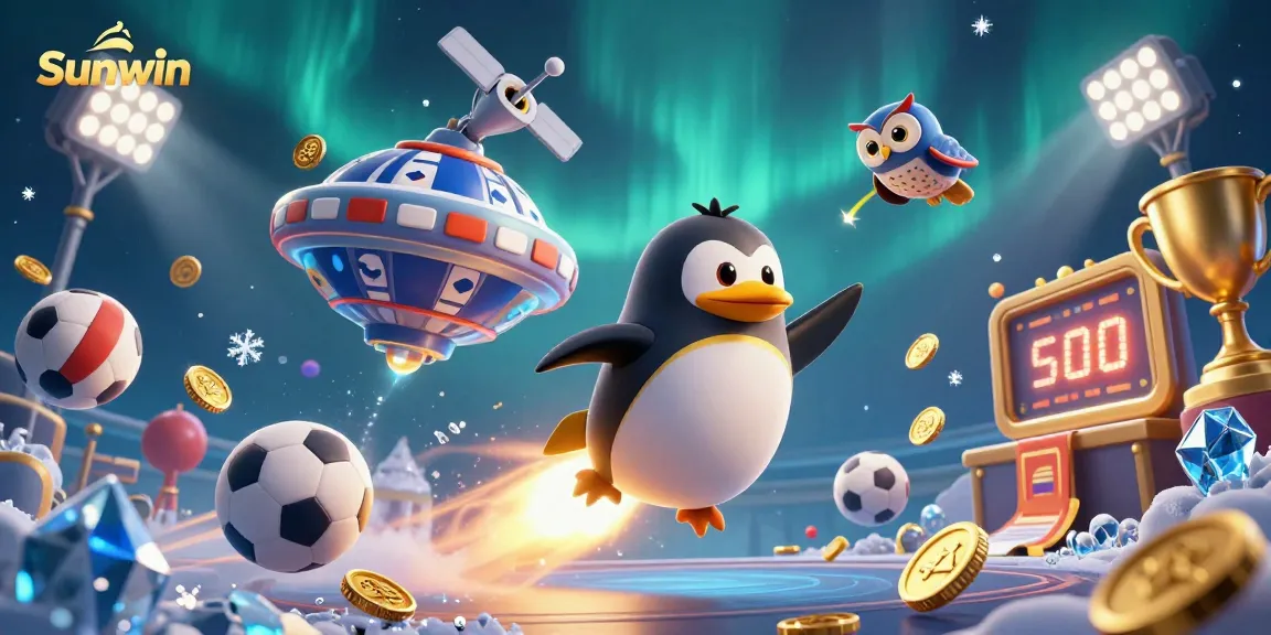 Experience the excitement of Sunwin as a golden penguin blasts through space toward a giant poker chip casino.