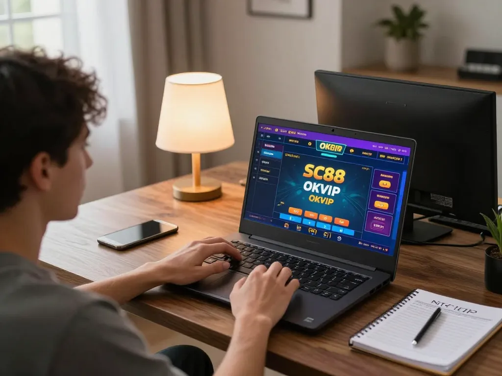 Player enjoying online casino at SC88 OKVIP, showcasing engaging gameplay and cozy atmosphere