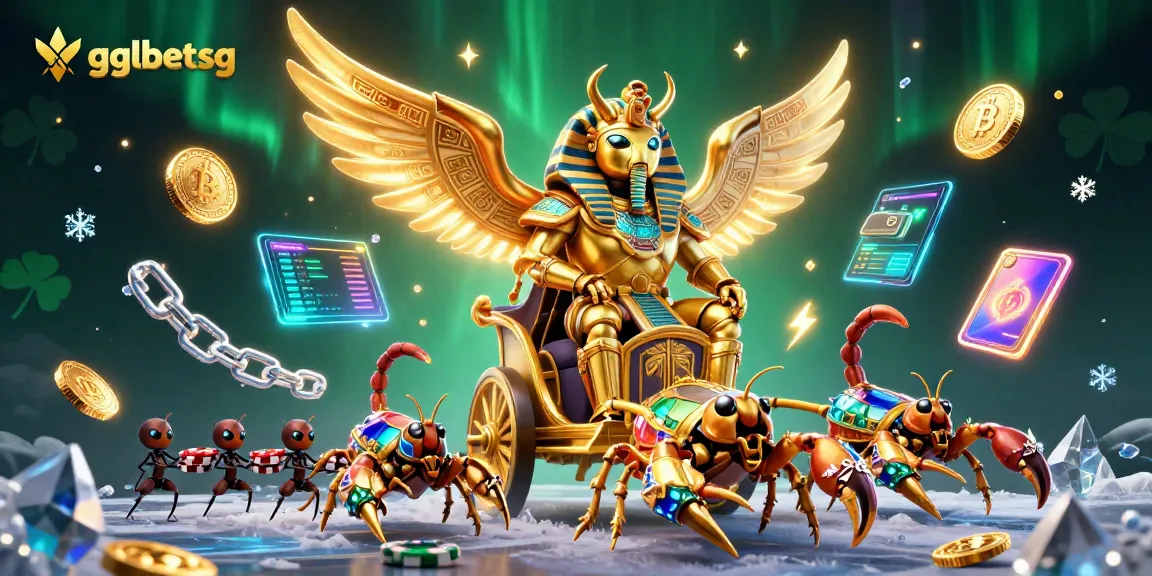 Bet on the thrilling esports realm with gglbetsg featuring a golden scarab, vibrant cryptocurrencies, and dynamic action.