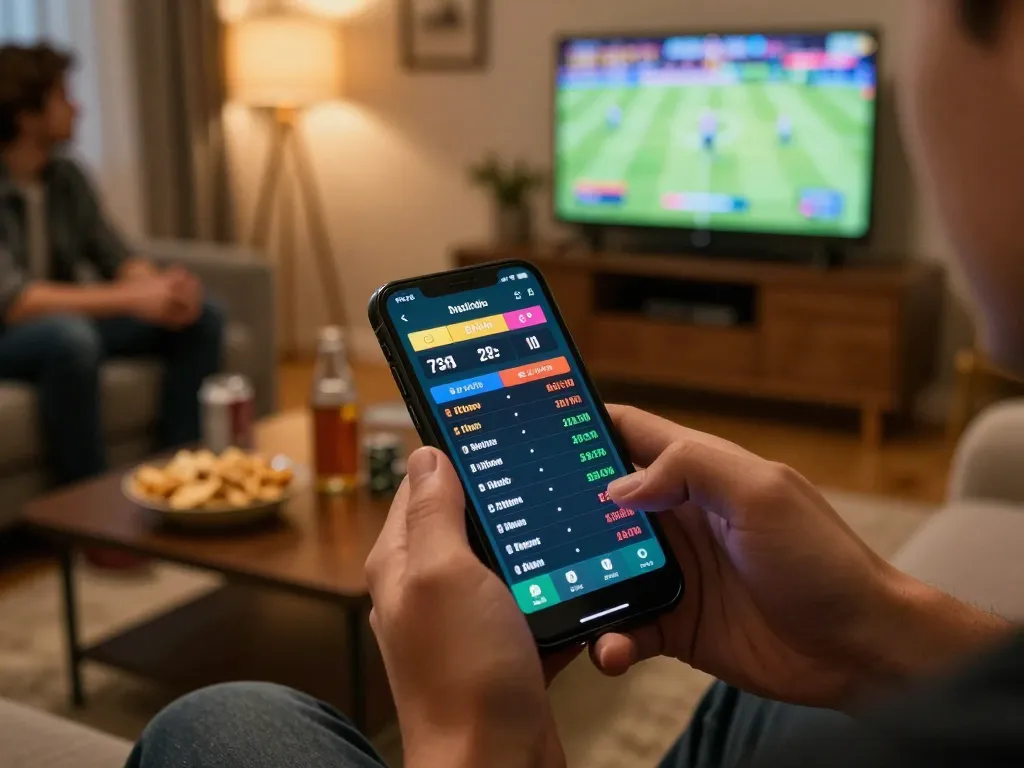 Engaging in live sports betting on a smartphone at https://o8.hair/ with friends in a cozy setting.
