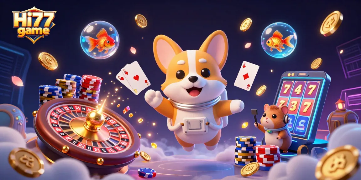 Experience thrilling gameplay with Hi77 game, featuring a vibrant floating casino scene with dynamic characters and elements.