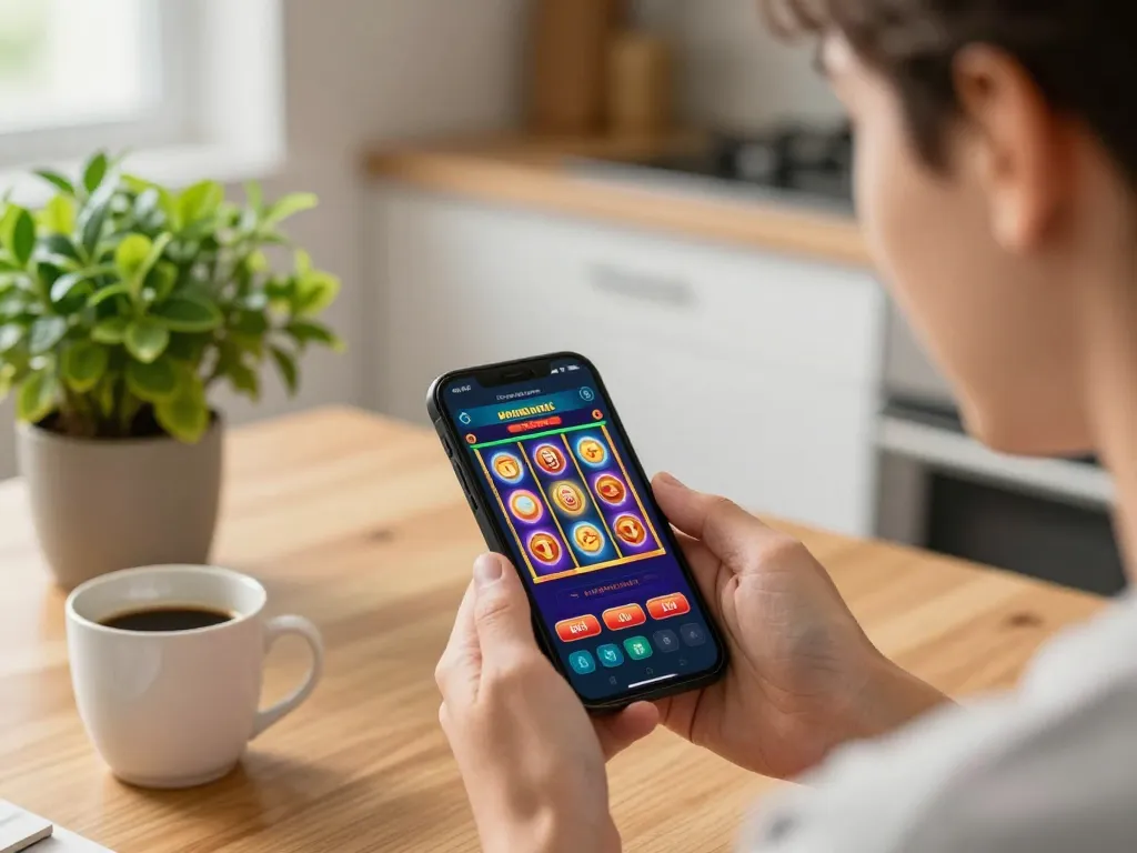 Play exciting slot games on the UGDEWA app from your smartphone, highlighting a user engaged in gameplay.