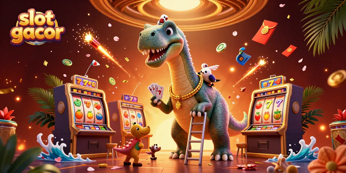 Slot gacor menampilkan ilustrasi 3D lucu dengan karakter unik dan elemen kasino yang kaya dan berwarna.