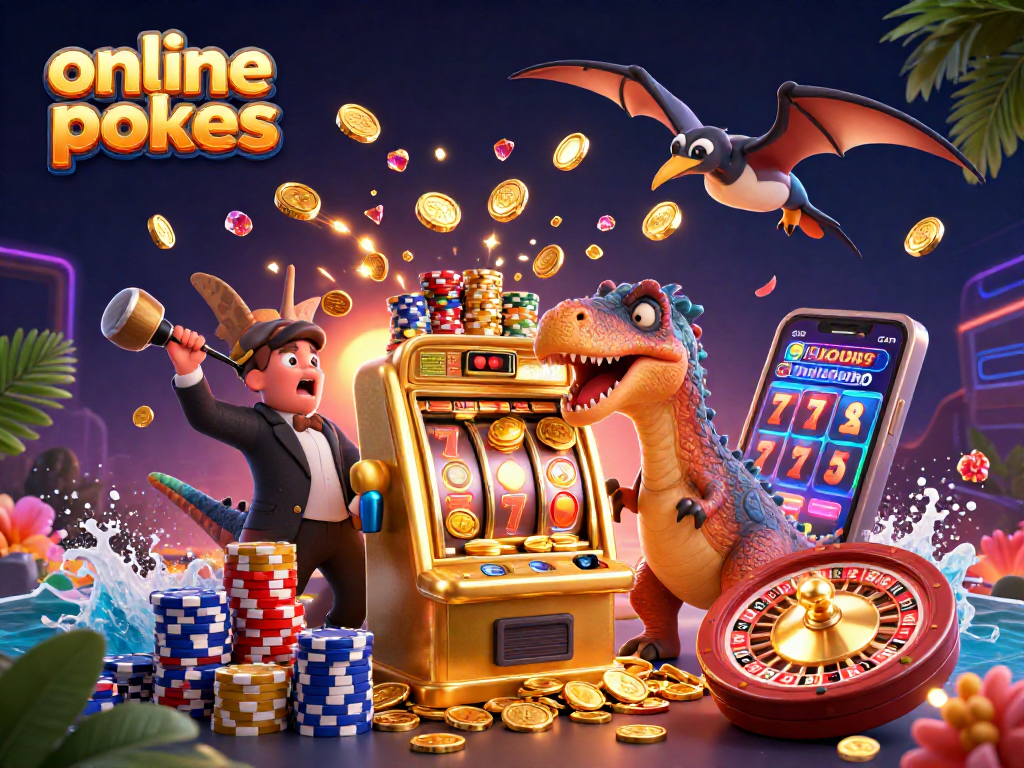 Experience thrilling online pokies action as a pachycephalosaurus hits the jackpot, surrounded by glittering coins.