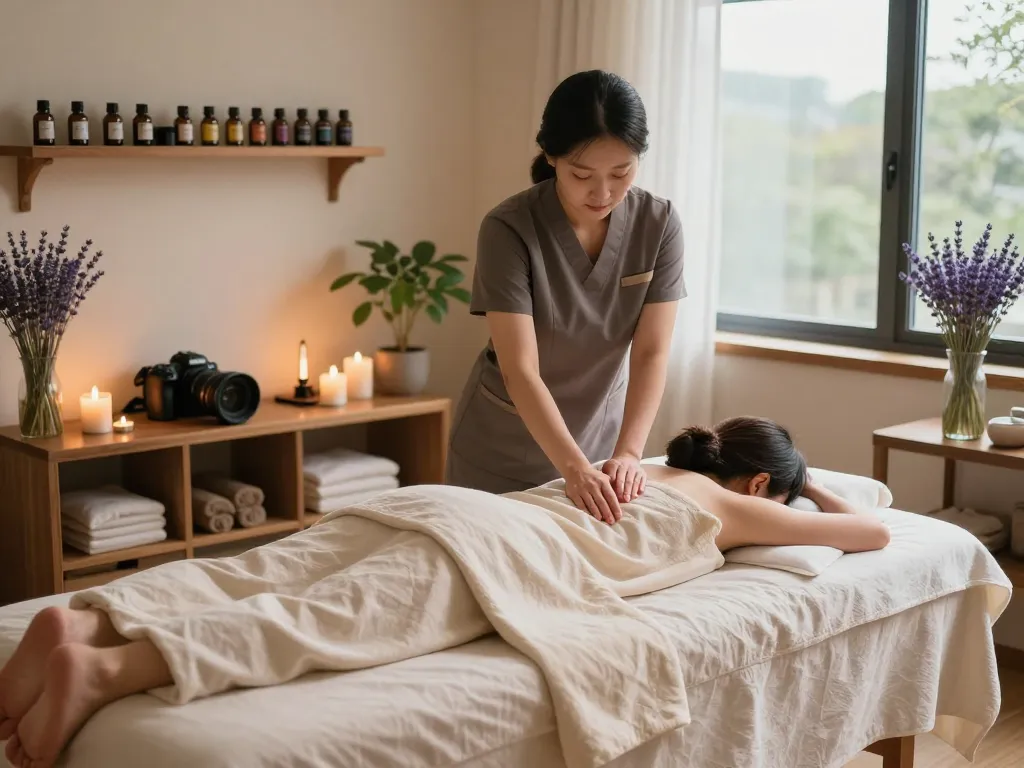 Relaxing scene of a therapist delivering a Swedish massage, highlighting 역삼동마사지 in a calming spa.
