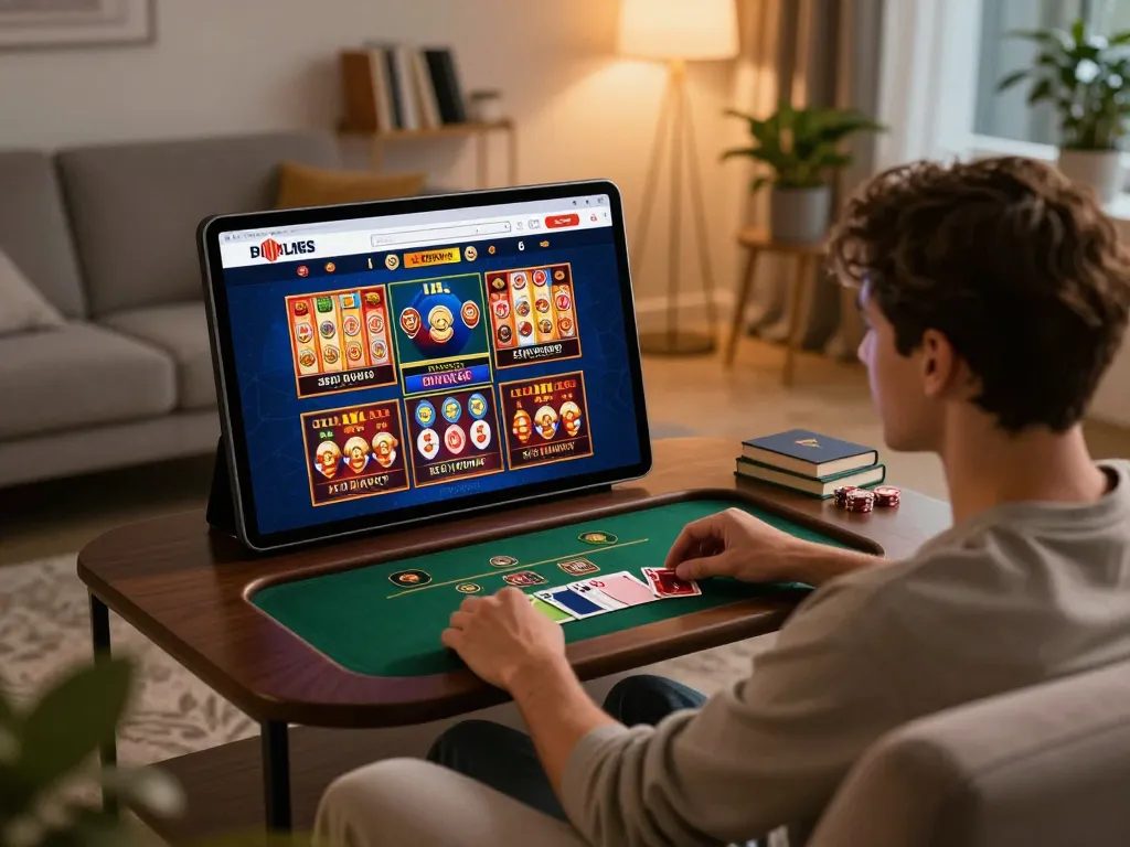 Engaging gameplay using the https://llwin.deal/ online casino platform on a tablet in a cozy living room.