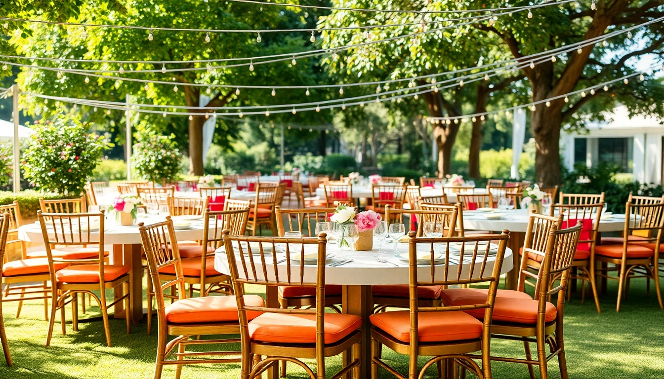 Showcase of chair rentals for events with a beautifully arranged outdoor setting.