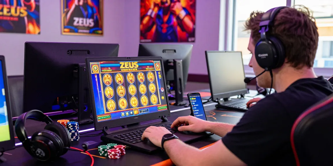 Engaging scene of a player immersed in slot zeus online gaming, showcasing vibrant graphics and modern gaming setup.