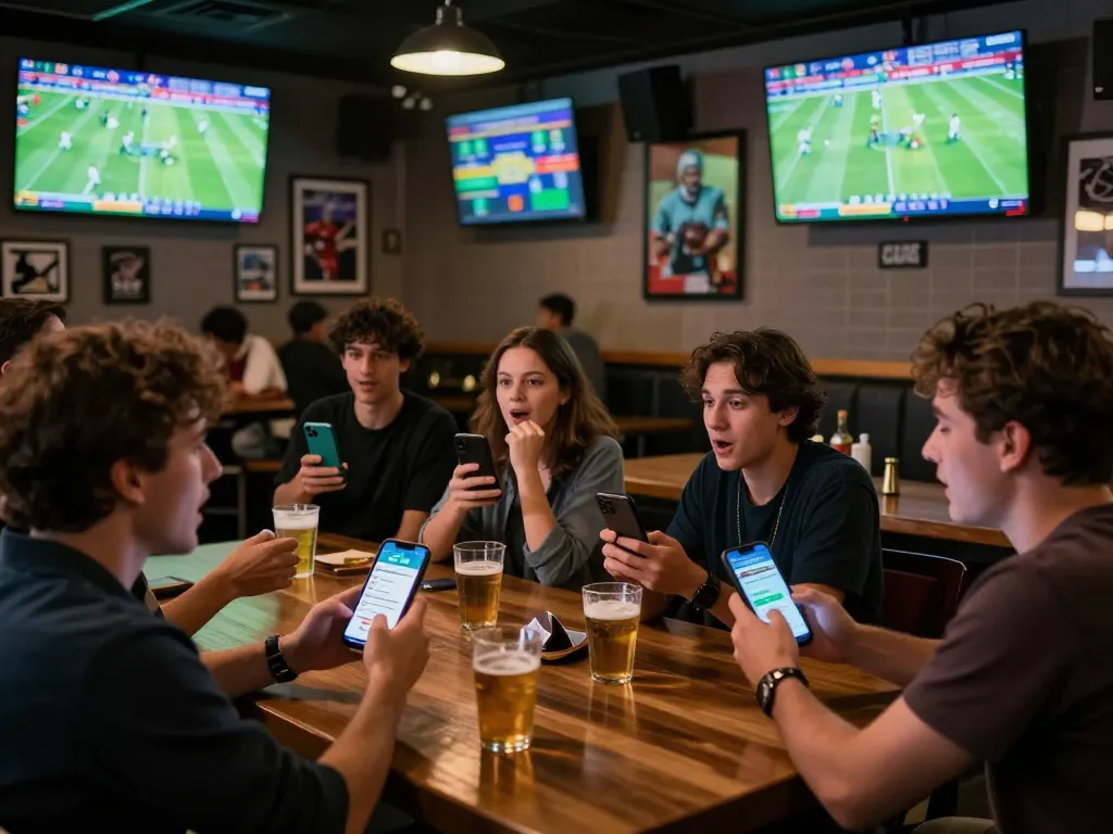 Engaged friends betting on migliori siti scommesse stranieri at a lively sports bar.