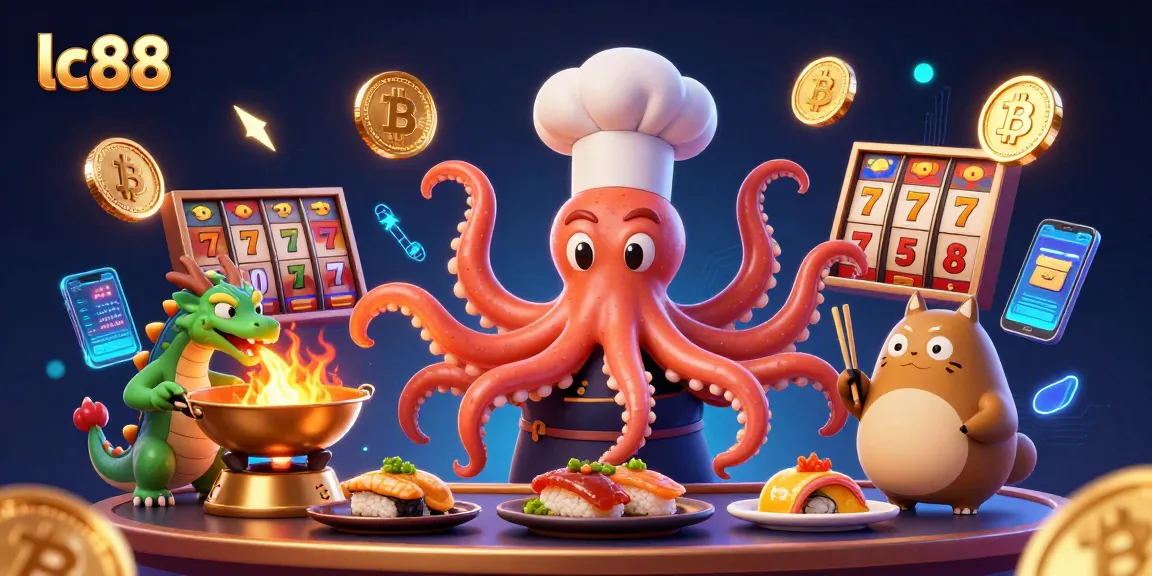 Engage with the exhilarating lc88 casino experience featuring a vibrant 3D octopus chef preparing golden dishes in a lively gambling scene.