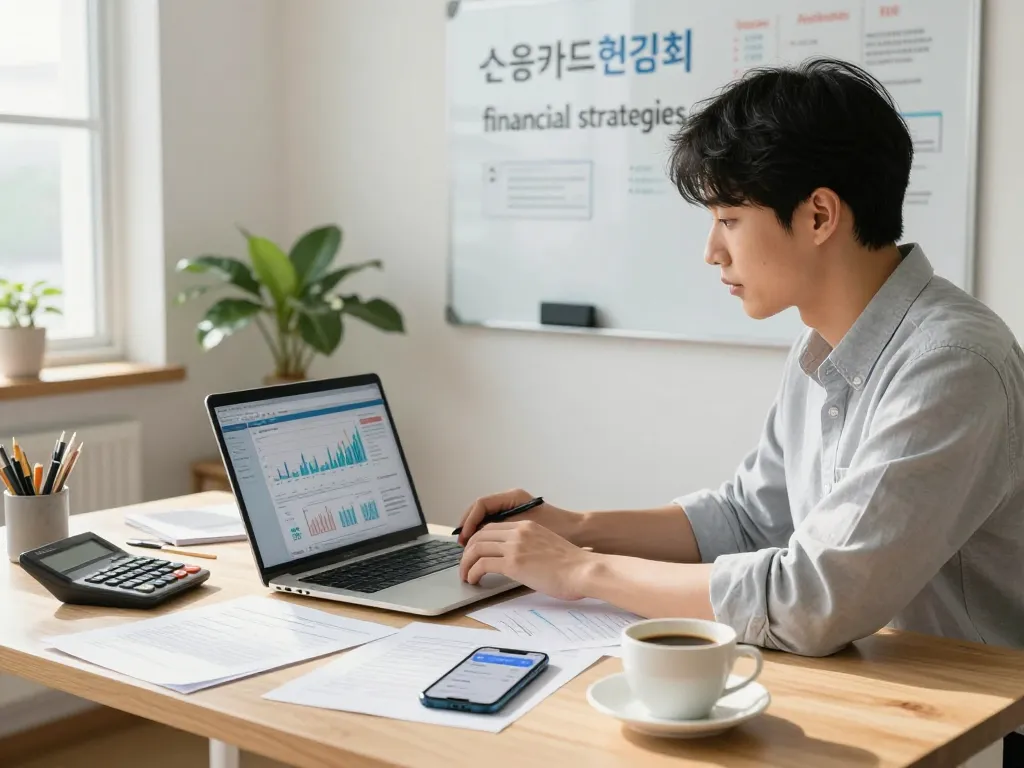 Youthful professional exploring 신용카드현금화 strategies in a modern home office.