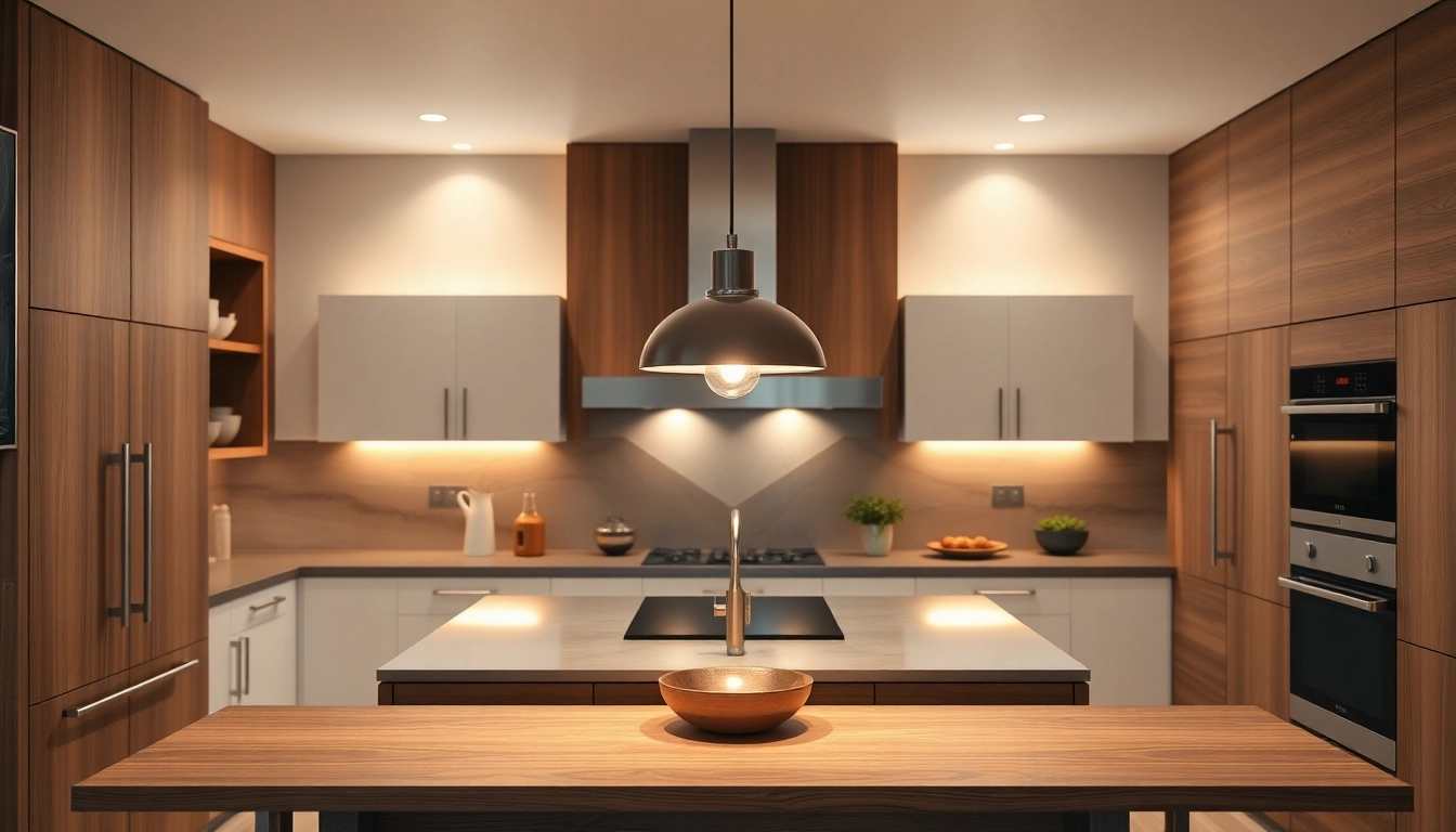Elegant island lighting illuminating a modern kitchen space with warm tones.