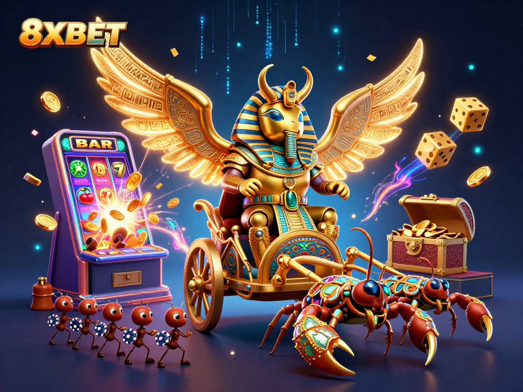 Experience thrilling slots and casino games at 8XBET, highlighted by vibrant characters and action.