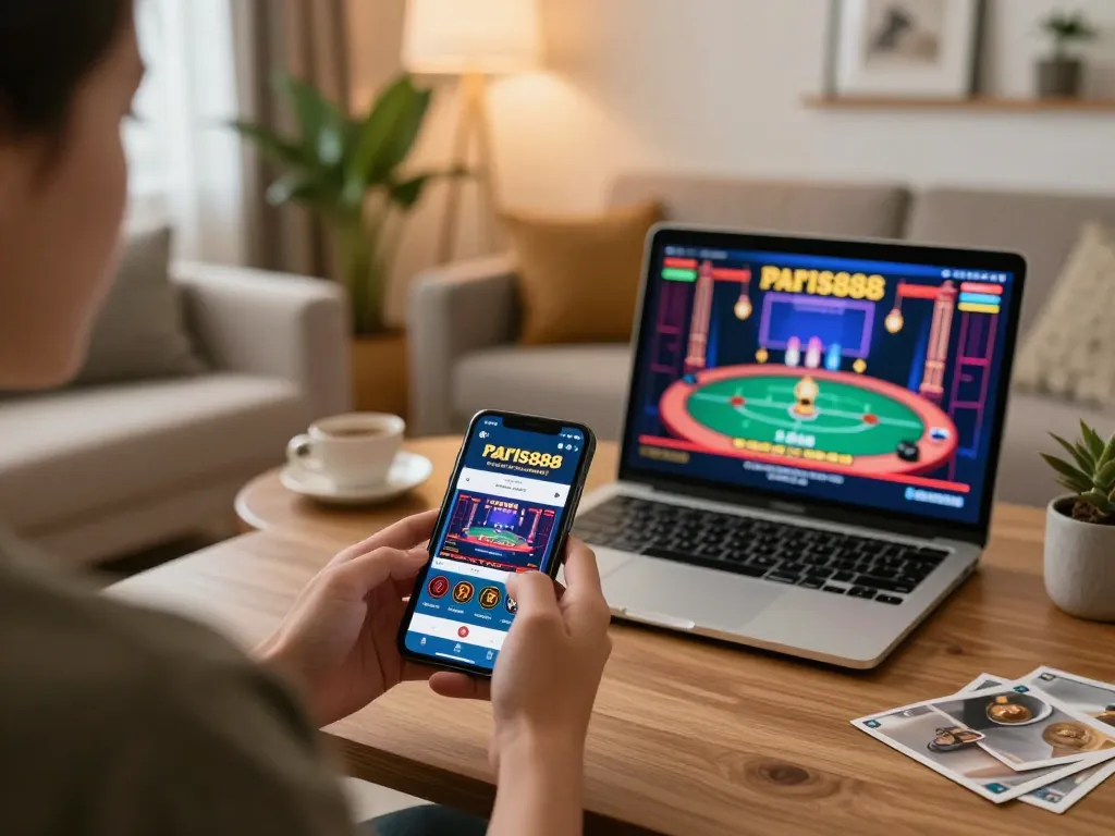 Berinteraksi dengan aplikasi kasino paris888 di smartphone dalam pengaturan permainan rumah yang nyaman