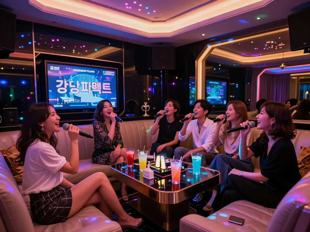 우아한 장식과 활기찬 조명으로 둘러싸인 강남퍼펙트 노래방에서 친구들과 함께 활기찬 밤을 즐기고 있습니다.
