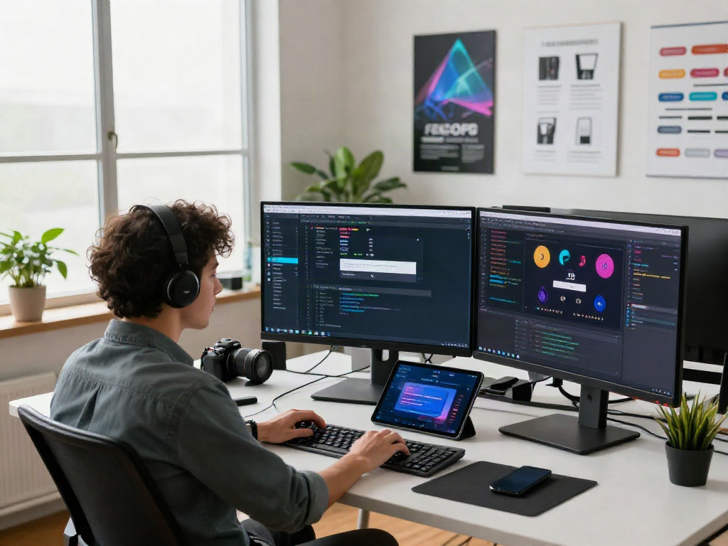 Software engineer engaging in bro138 login on high-tech computing setup in modern office