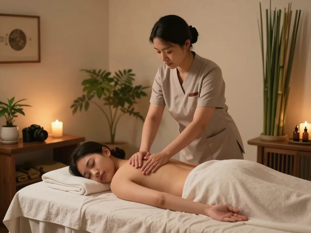 전문 치료사와 평화로운 분위기를 갖춘 고요한 스파 환경에서 이완과 치유를 촉진하는 마사지 치료 세션, 논현동마사지 강조