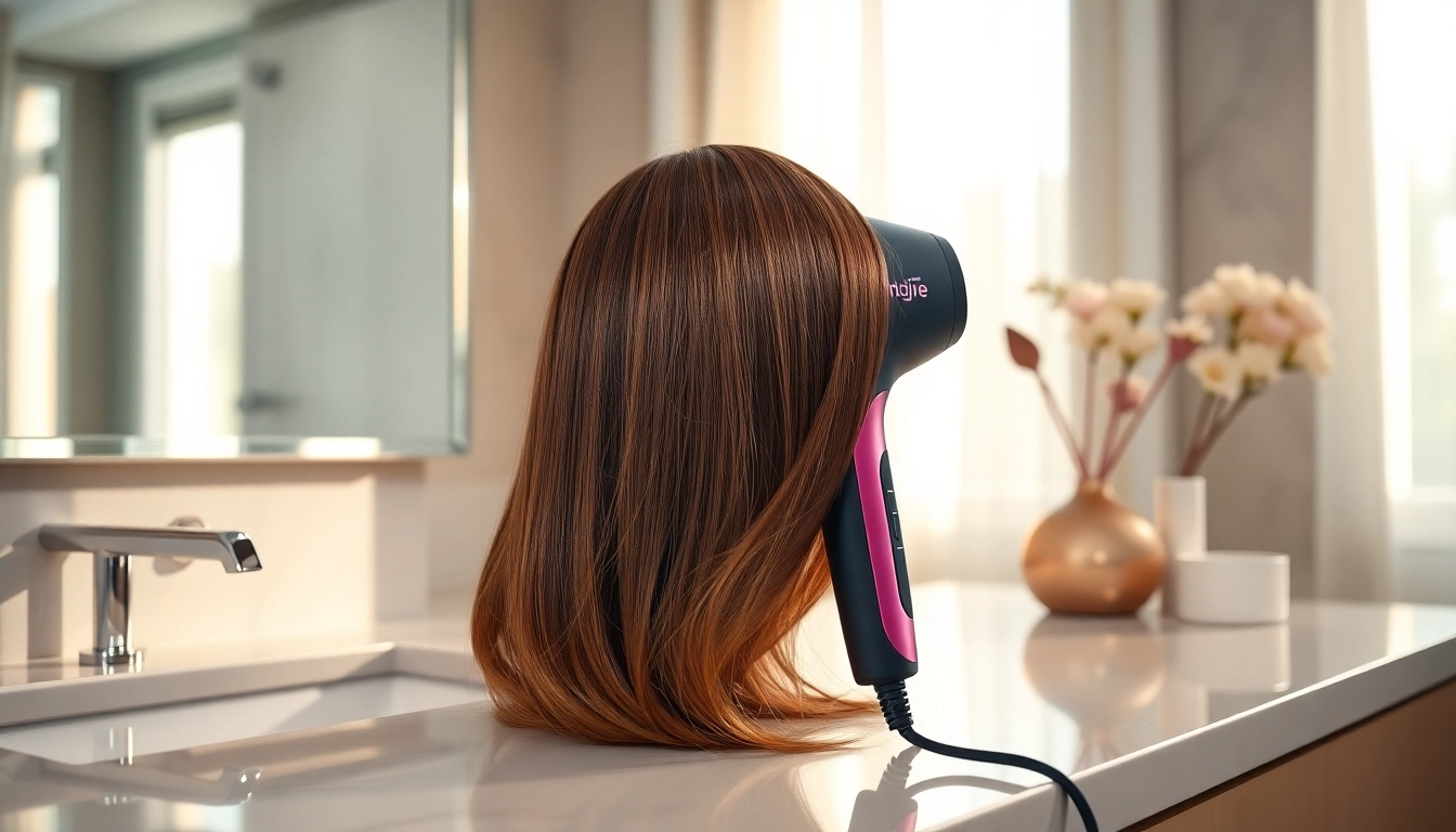 Depicting a hair dryer for frizzy hair creating sleek, shiny styles in an elegant bathroom.