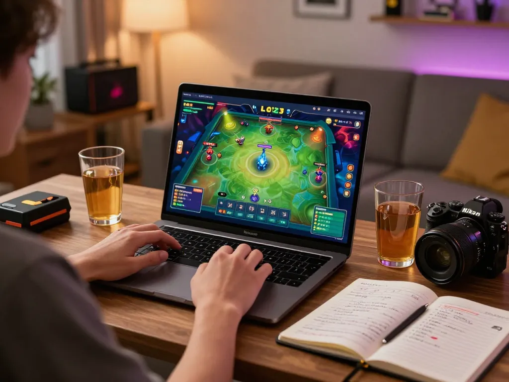Leci123 platform gaming scene showcasing a player engaged at a laptop in a cozy home environment.