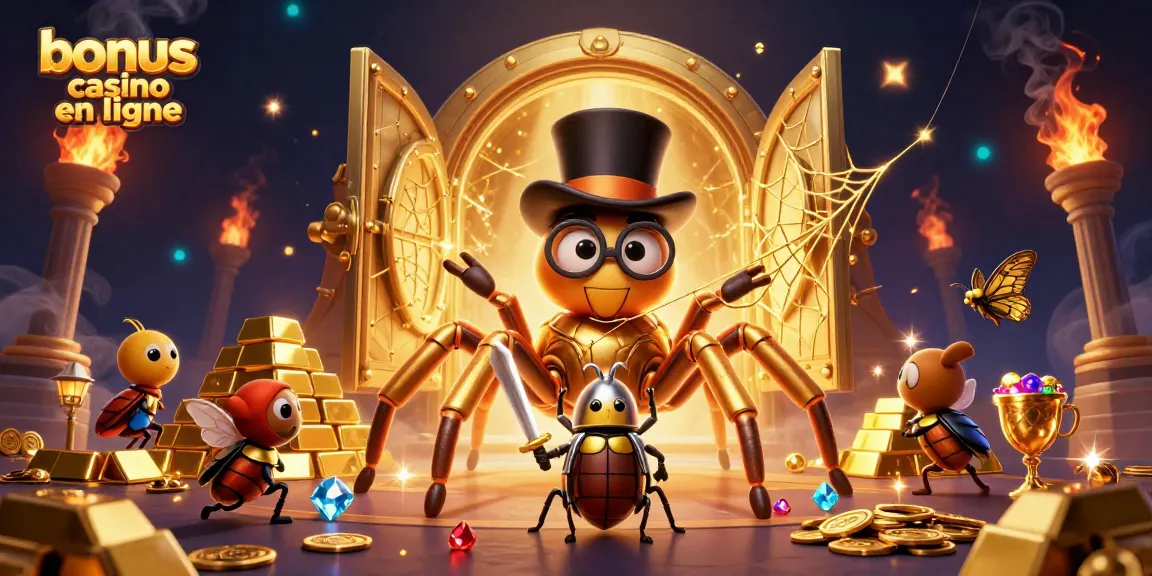 Bonus de casino en ligne : vivez l'excitation des jeux avec une araignée dorée et des personnages animés.