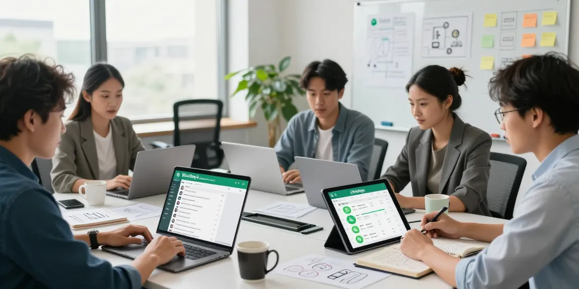 Collaborative team using WhatsApp網頁版 for effective communication in a modern office.