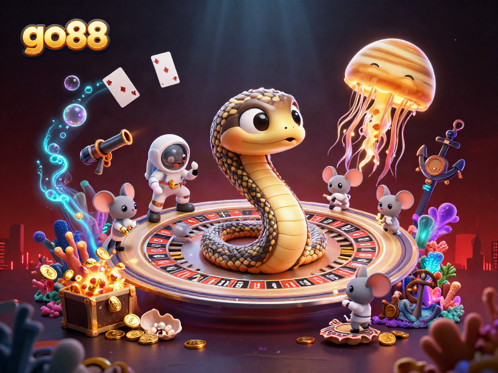 Experience go88 excitement with cartoon snake, astronaut mice betting, and vivid casino elements.