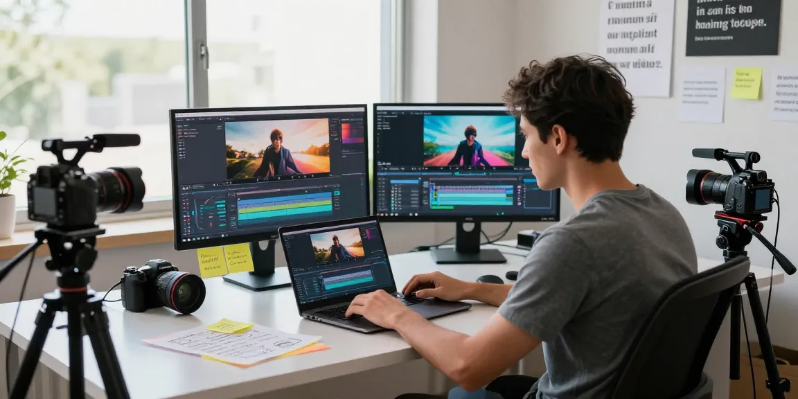 Content creator working on prompt ai generation at a modern digital workspace with video editing tools.