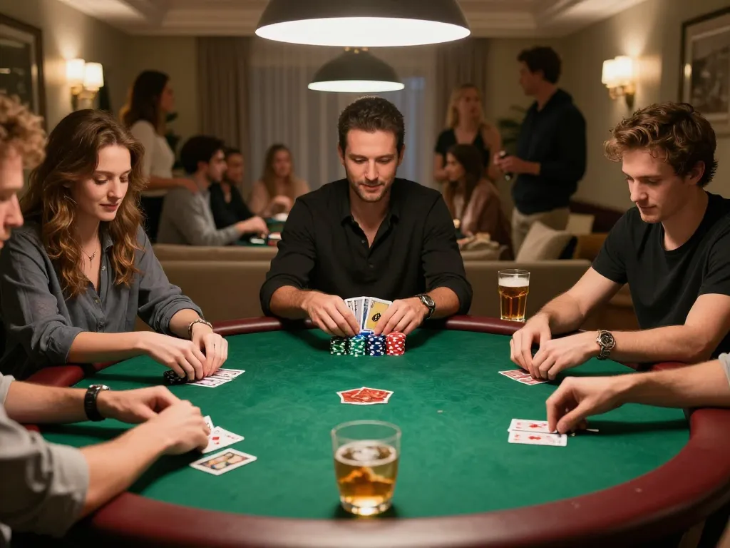 Permainan poker yang menarik di platform Leci123 bersama teman, menampilkan tangan strategis dan chip berwarna-warni.