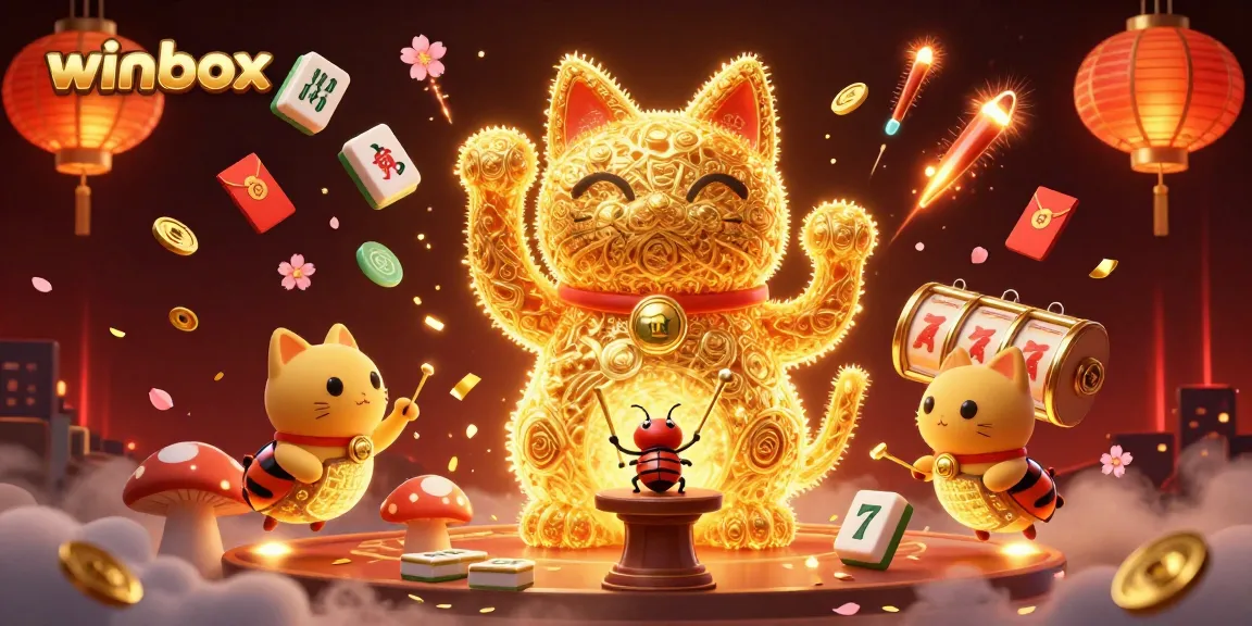 Winbox features a giant lucky cat and fireflies celebrating with casino symbols and dynamic colors.