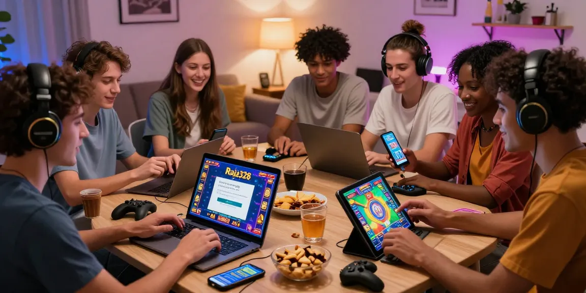 Engaging gaming session with friends featuring login raja328 on screens in a cozy setting.