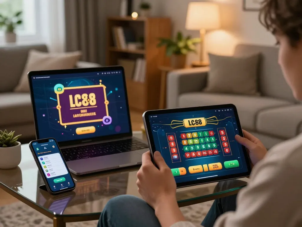 Engaged user playing LC88 casino games on tablet with responsible gambling setup in cozy living room.