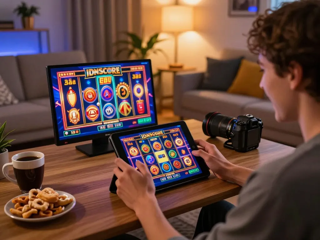 IDNSCORE gaming experience capturing a player engaged in online slots on a tablet in a cozy living room.