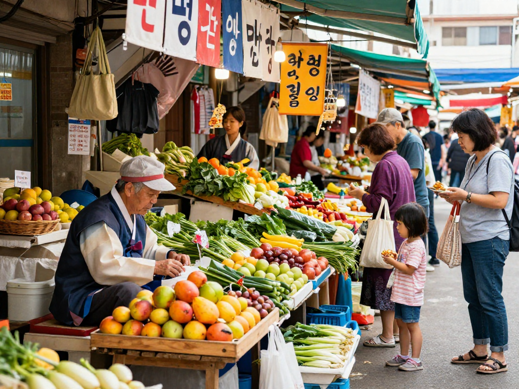 달토 전통시장, 신선한 농산물과 활기찬 고객의 모습