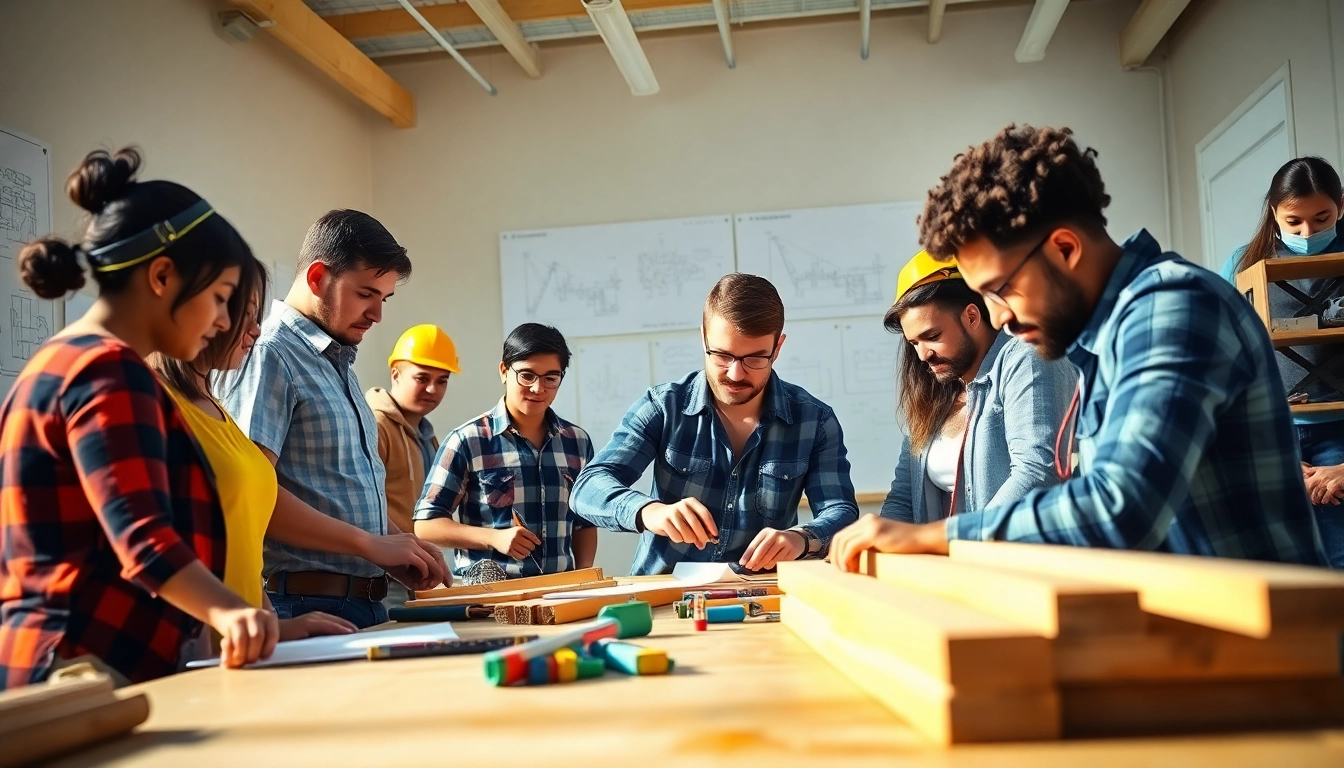 Students actively participating in construction education in a modern classroom setting with tools.