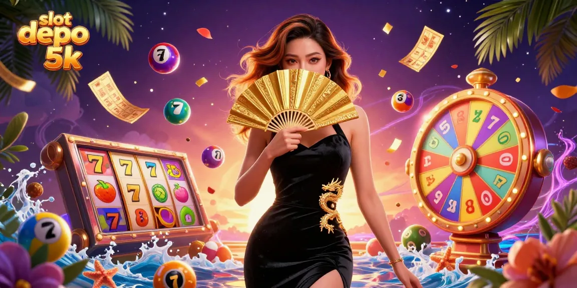 Engage with slot depo 5k, showcasing a vibrant scene of slot reels and lucky symbols.