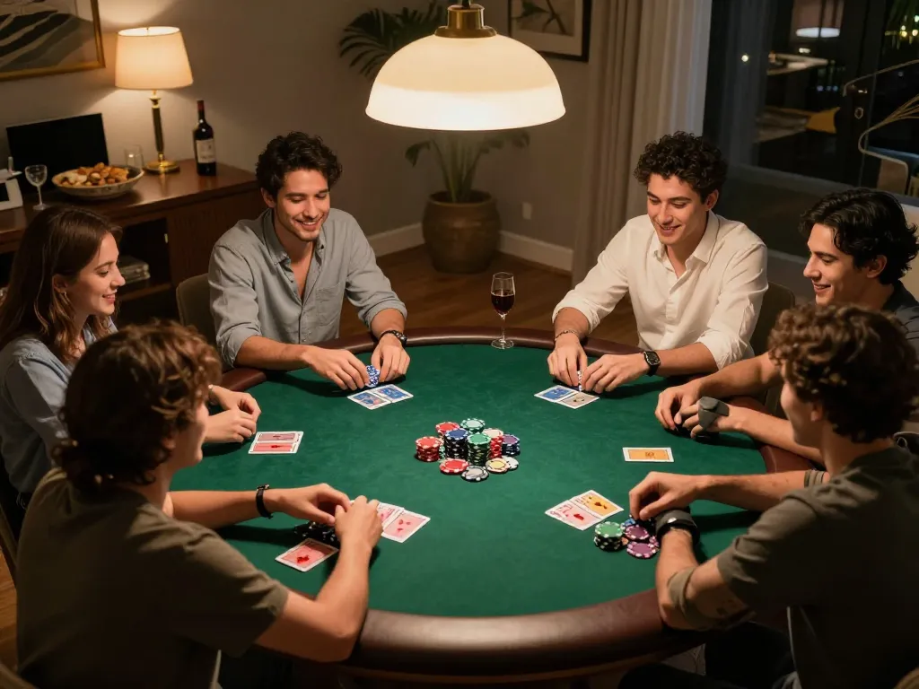 Experience ดูหนังออนไลน์ฟรี with friends playing poker, showcasing an engaging home gaming atmosphere